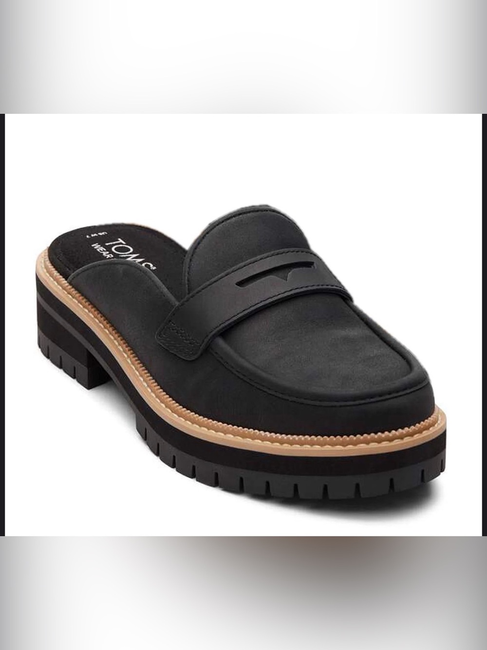 TOMS Black Penny Lug Sole Mule with Tan Welt